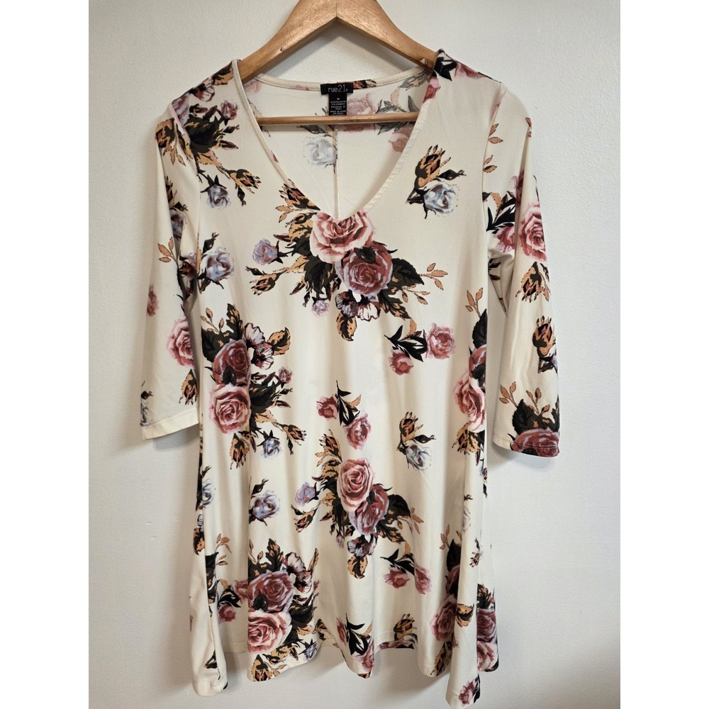 Rue 21 Trapeze Dress Long Sleeve Rose Print Boho Whimsy Cottage Core Size M